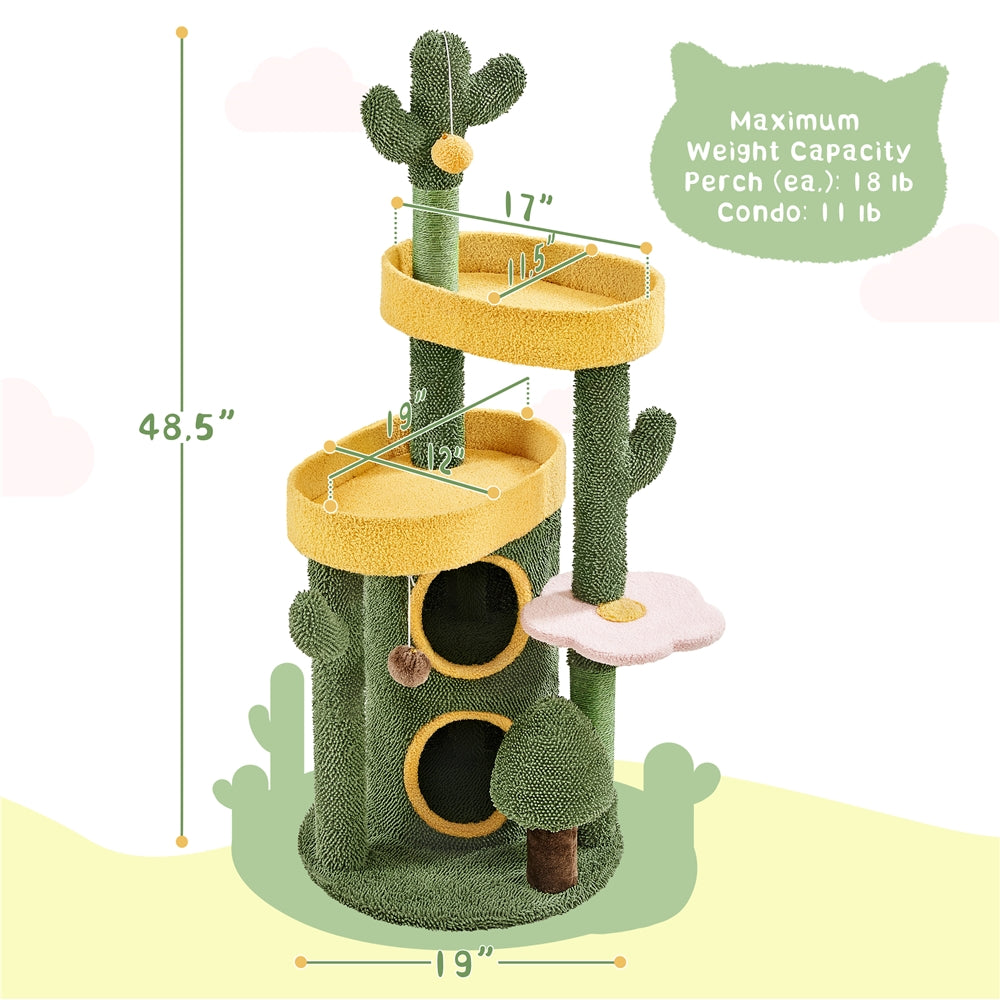 Costoffs 48.5in Cat Tree Oasis-Themed Fleece-Covered Cat Tree Tower, Cactus Cat Condo with 3 Perches\u002FScratching Posts\u002FToys, Cute Cat House Activity Center, Anti-tipping, Ideal Christmas Gift for Indoor Cat Kitty, Green & Yellow