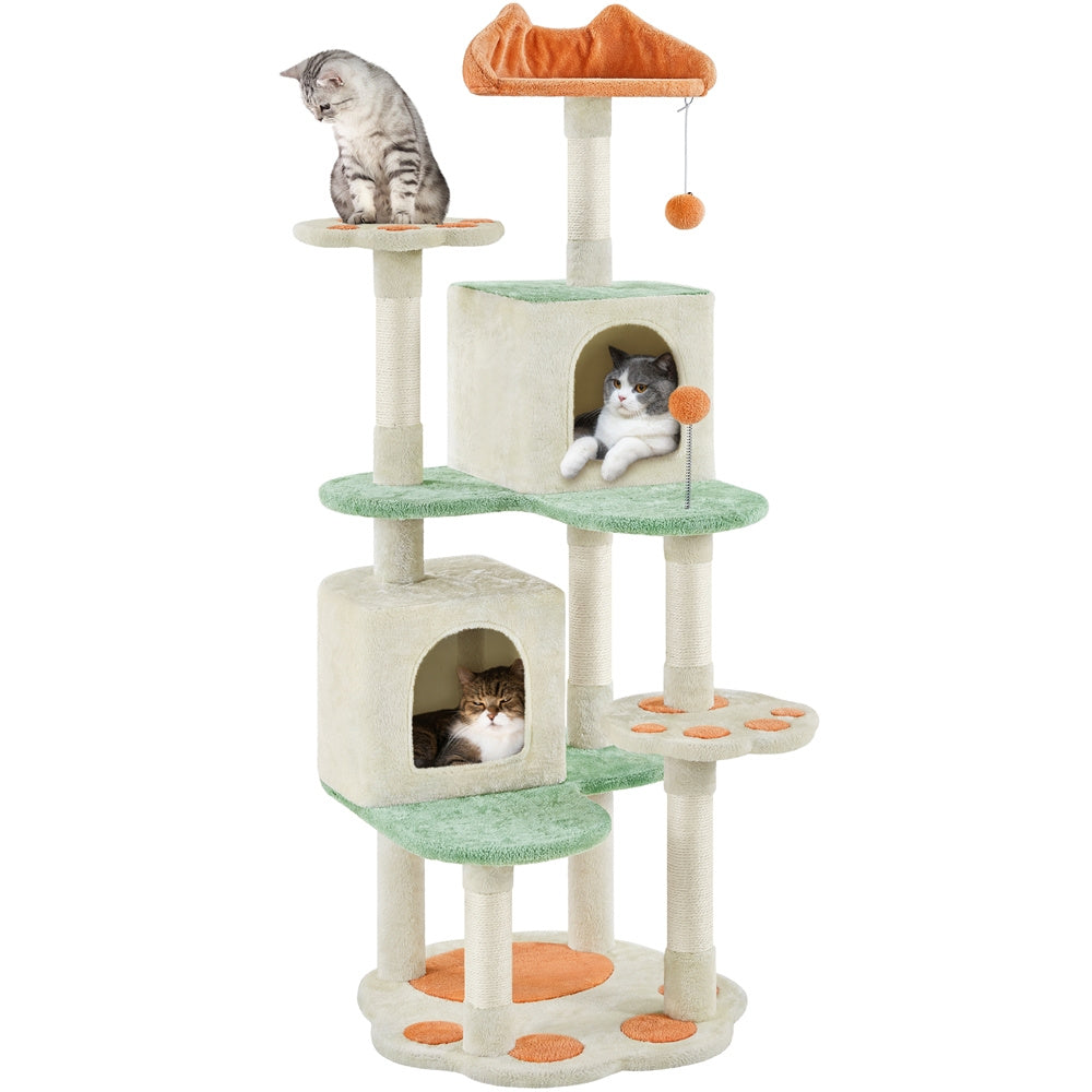 Costoffs 57.5in Cat Paw-Shaped Cat Tree, Perfect Gift for Cats, Cute Cat Play Tower with Heart-Shaped Platform, Spring Ball & Hanging Ball, Double Condos, Scratching Posts