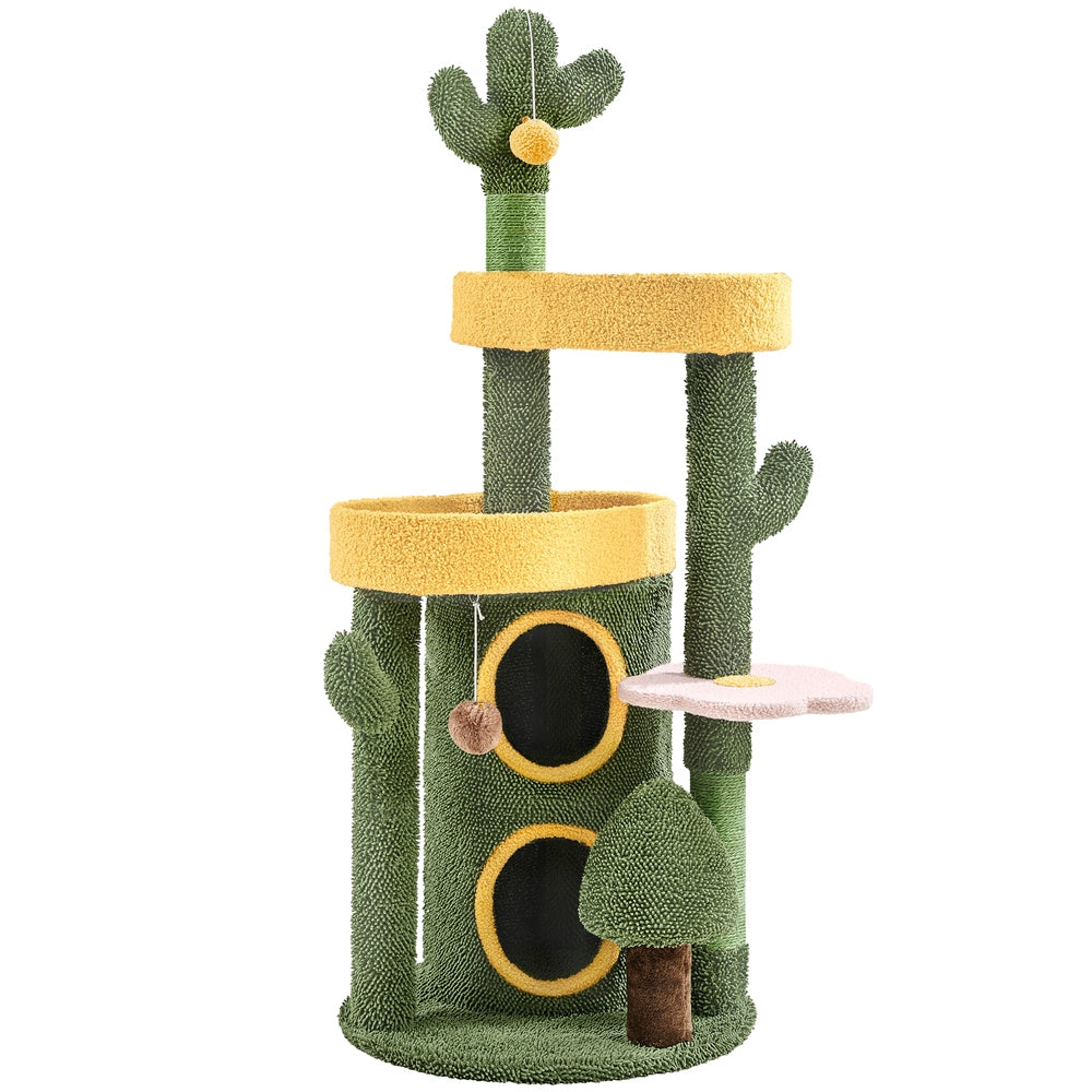 Costoffs 48.5in Cat Tree Oasis-Themed Fleece-Covered Cat Tree Tower, Cactus Cat Condo with 3 Perches\u002FScratching Posts\u002FToys, Cute Cat House Activity Center, Anti-tipping, Ideal Christmas Gift for Indoor Cat Kitty, Green & Yellow