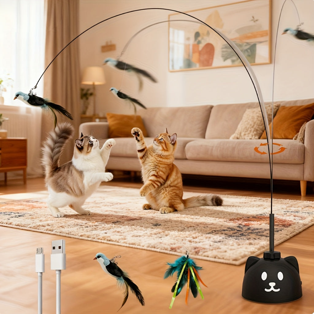 360° Swivel Interactive Cat Toys (Realistic Bird + Bell) with Secure Adhesive Base, Great Best Kitten & Adult Cat Enrichment Toy Stick-on Hanging Electric Kitty Toys for Bored Cats