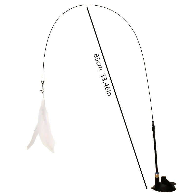 A Playful Cat Accessory Featuring Feathers, Designed with Both Artificial And Realistic Options, a Sturdy Long Stick with a Durable Wire, And a Suction Cup Base. It Operates Without Batteries And Is Perfect for Entertaining Small Dogs And Providing