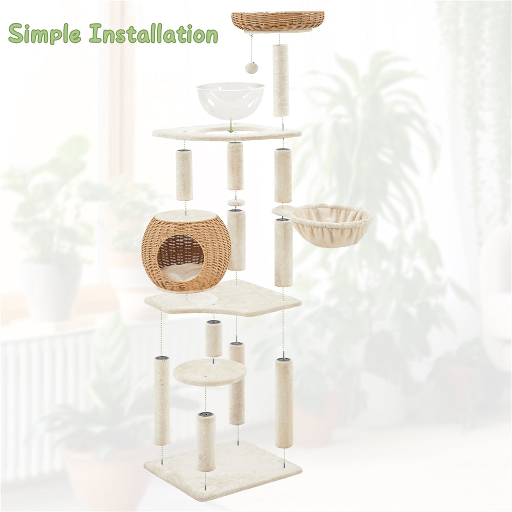 Costoffs 54in Cat Tree Multi-Level Rattan Cat Tower with Woven Condo, Soft Washable Cushion, Clear Bowl, Hanging Ball & Condo, Perfect Gift for Cats, Anti-Tipping, Luxury Cat House Toys, All-In-One Cat Furniture for Indoor Cats, Beige, Christmas Gift