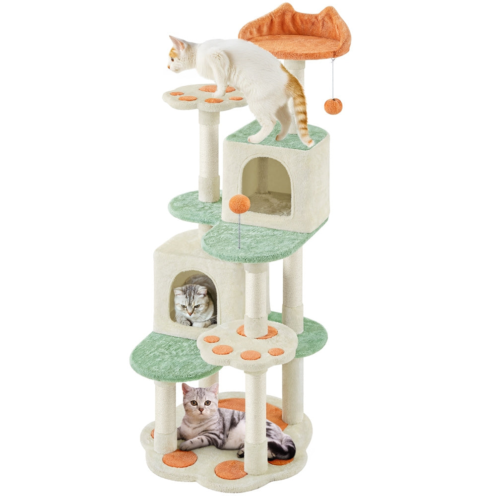 Costoffs 57.5in Cat Paw-Shaped Cat Tree, Perfect Gift for Cats, Cute Cat Play Tower with Heart-Shaped Platform, Spring Ball & Hanging Ball, Double Condos, Scratching Posts