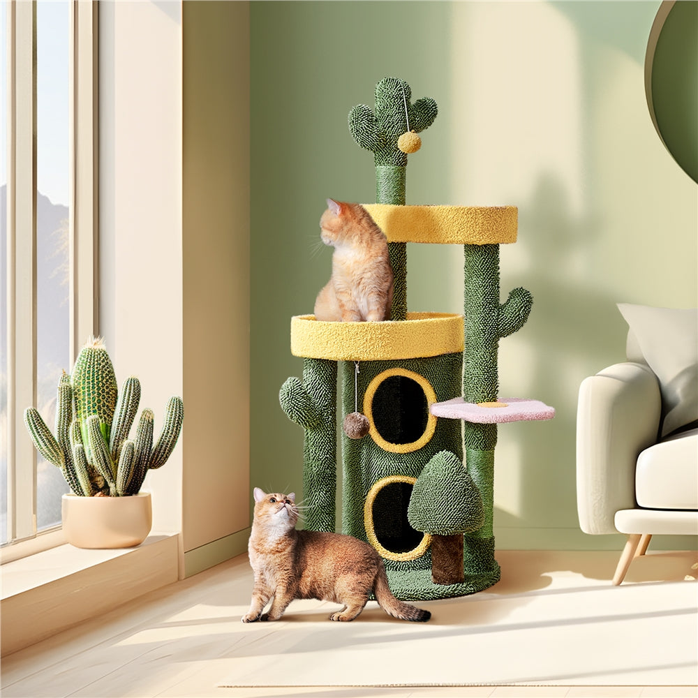 Costoffs 48.5in Cat Tree Oasis-Themed Fleece-Covered Cat Tree Tower, Cactus Cat Condo with 3 Perches\u002FScratching Posts\u002FToys, Cute Cat House Activity Center, Anti-tipping, Ideal Christmas Gift for Indoor Cat Kitty, Green & Yellow