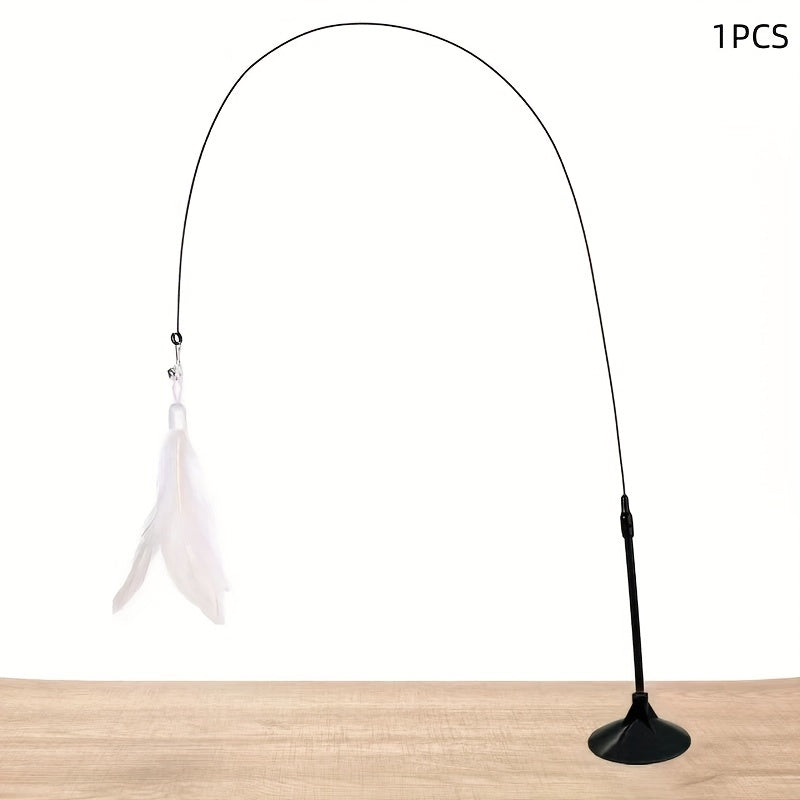 A Playful Cat Accessory Featuring Feathers, Designed with Both Artificial And Realistic Options, a Sturdy Long Stick with a Durable Wire, And a Suction Cup Base. It Operates Without Batteries And Is Perfect for Entertaining Small Dogs And Providing