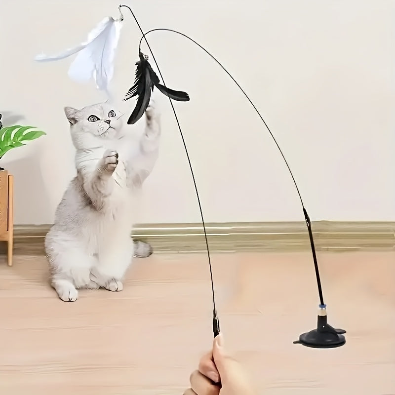 A Playful Cat Accessory Featuring Feathers, Designed with Both Artificial And Realistic Options, a Sturdy Long Stick with a Durable Wire, And a Suction Cup Base. It Operates Without Batteries And Is Perfect for Entertaining Small Dogs And Providing