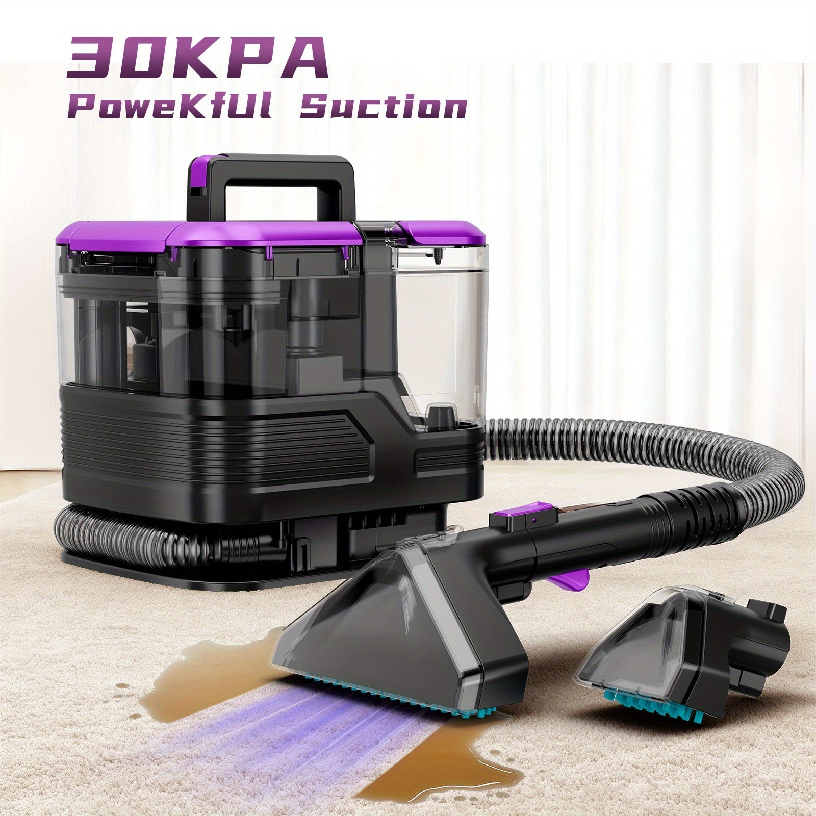 Upholstery Cleaner Machine, Portable Carpet & 30Kpa Upholstery Spot Cleaner Machine, Deep Stain Cleaning for Carpet, Pets, Stairs, Car Seat, Couch, with Dual Size BrushHead