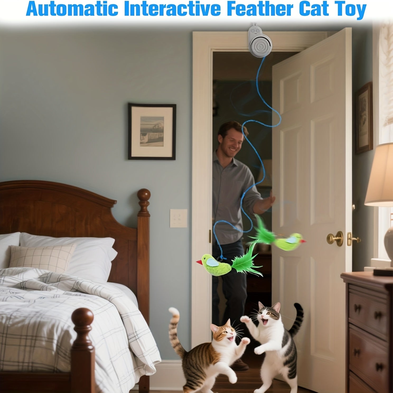 Automatic Electric Flying Bird Feather Cat Toys Suitable for Indoor Cats - - (No Listed) Flying Bird with Stick-On Hanging, Low Voltage for Kitten & Adult Cat Enrichment, Suitable for Breeds