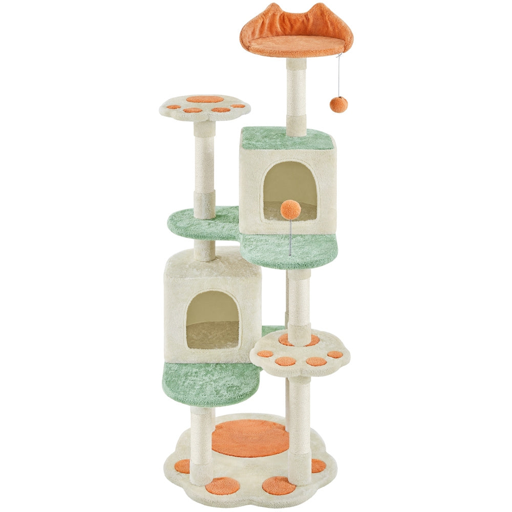 Costoffs 57.5in Cat Paw-Shaped Cat Tree, Perfect Gift for Cats, Cute Cat Play Tower with Heart-Shaped Platform, Spring Ball & Hanging Ball, Double Condos, Scratching Posts