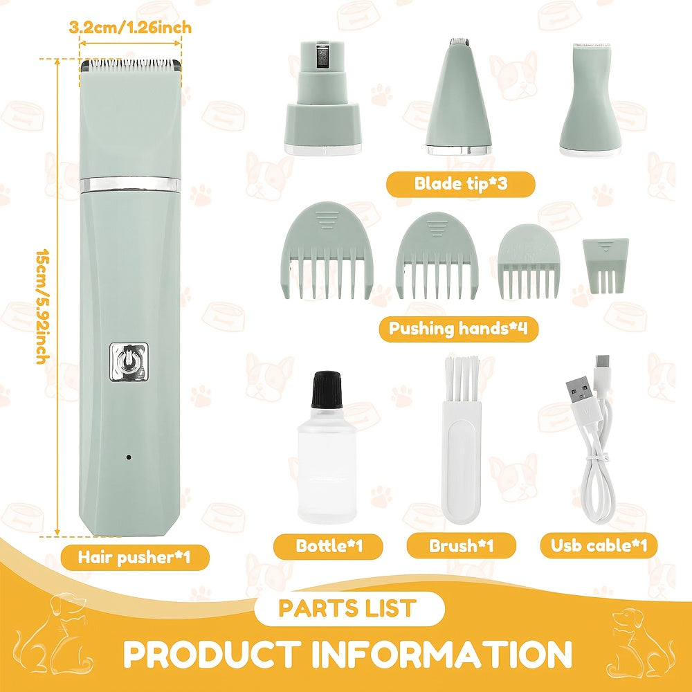 4-in-1 Electric Pet Hair Clipper & Grooming Kit Suitable for Dogs & Cats, Rechargeable Quiet Trimmer Shaver with Low-Voltage Motor for Paw, Face, Body, Ear Hair - Suitable for Paws, Face, Body, Ear Trimming