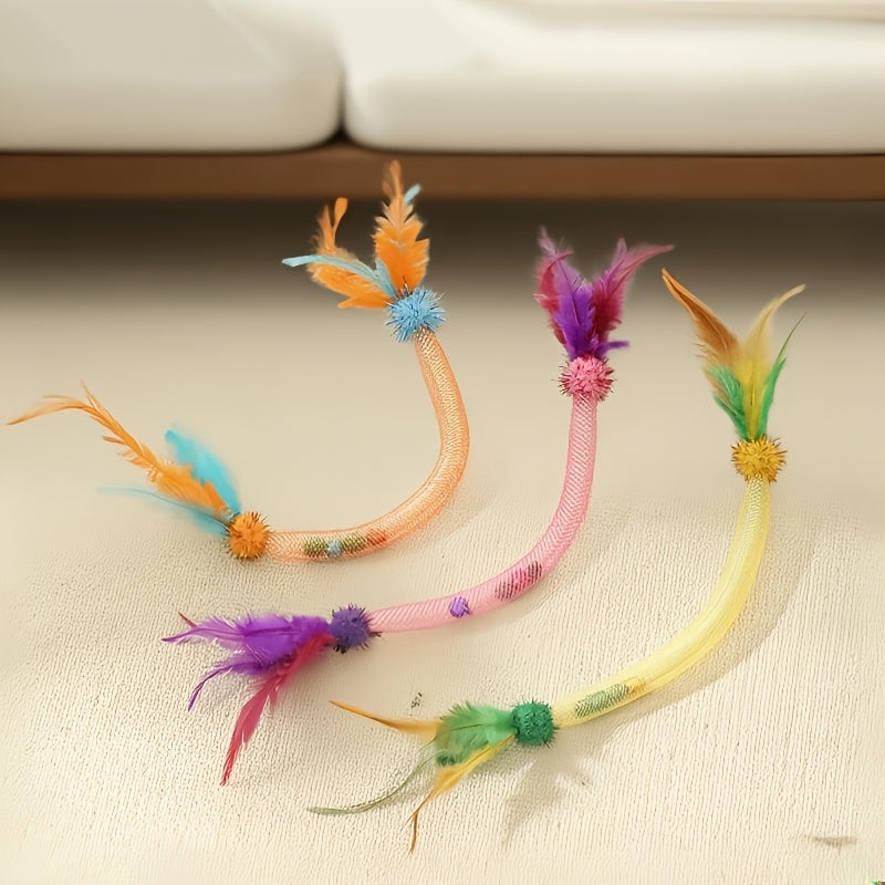 3pcs Cat Toy Elastic Rope Cat Feather Cat Teaser Stick Self-hi, Antiboredom Bell Sound, Bite-resistant Cat Toy