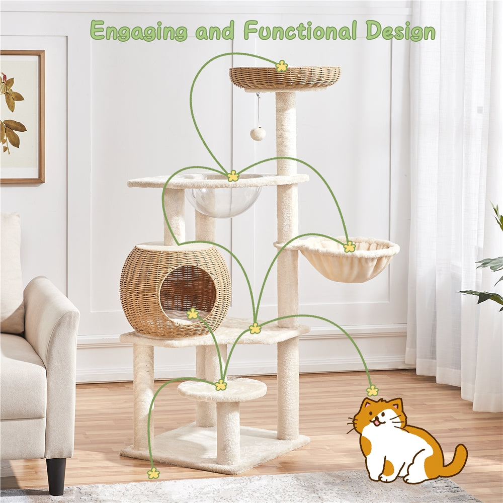 Costoffs 54in Cat Tree Multi-Level Rattan Cat Tower with Woven Condo, Soft Washable Cushion, Clear Bowl, Hanging Ball & Condo, Perfect Gift for Cats, Anti-Tipping, Luxury Cat House Toys, All-In-One Cat Furniture for Indoor Cats, Beige, Christmas Gift