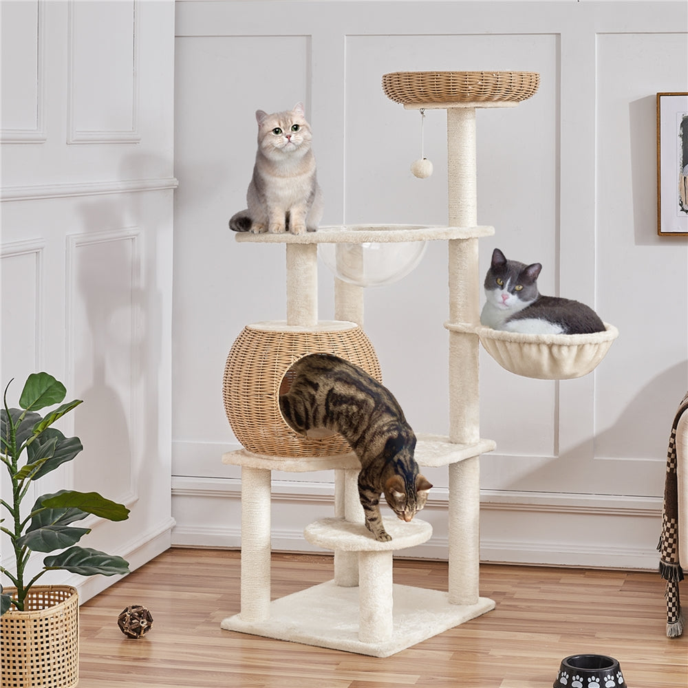 Costoffs 54in Cat Tree Multi-Level Rattan Cat Tower with Woven Condo, Soft Washable Cushion, Clear Bowl, Hanging Ball & Condo, Perfect Gift for Cats, Anti-Tipping, Luxury Cat House Toys, All-In-One Cat Furniture for Indoor Cats, Beige, Christmas Gift