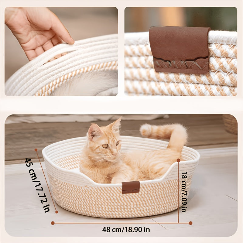 1pc White Rope-Woven Round Cat Nest with Comfortable Cushion, Soft And Breathable, Universal for All Seasons, Indoor Kitten Small Dog Pet Sleeping Bed