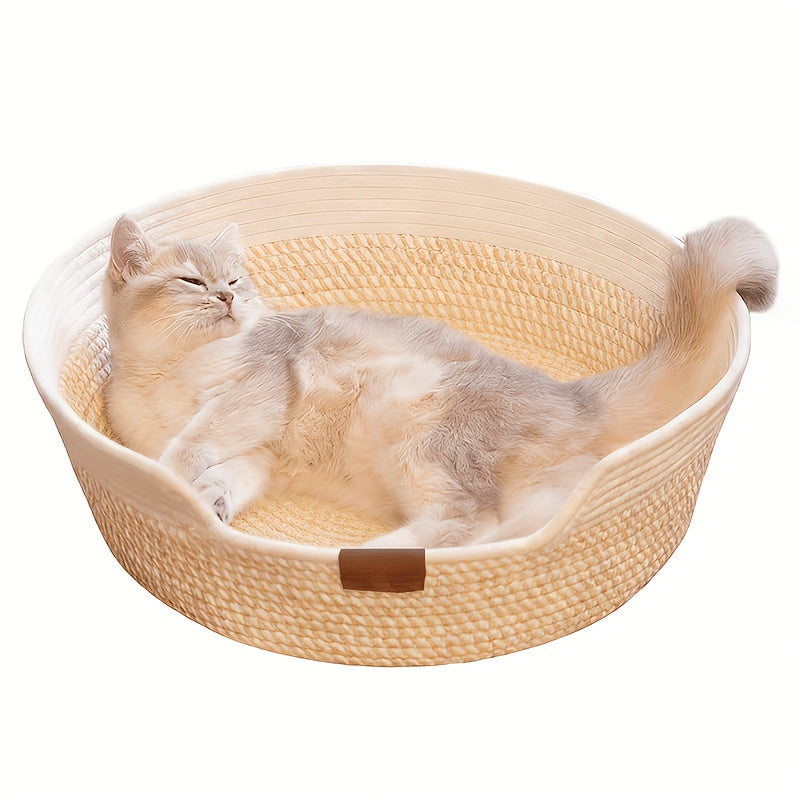 1pc White Rope-Woven Round Cat Nest with Comfortable Cushion, Soft And Breathable, Universal for All Seasons, Indoor Kitten Small Dog Pet Sleeping Bed