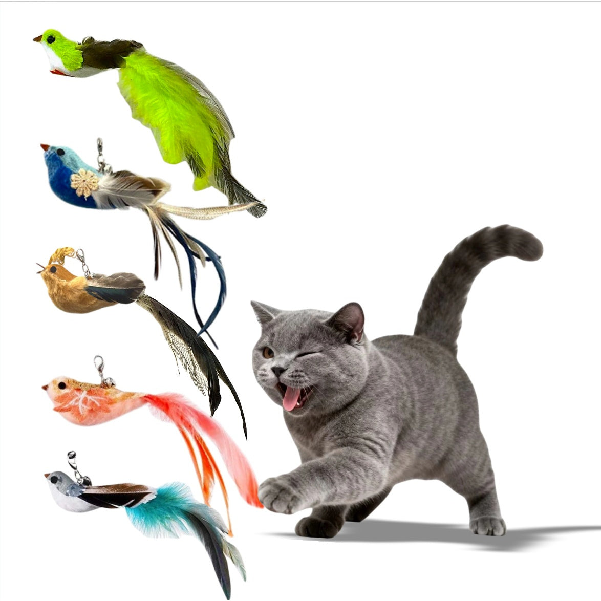 Cat-attracting Bird Form Cat Teaser Stick Replacement Head 5pcs Kit Elegant Style, or 3pcs Kit, (bite-resistant, No Padding) Extra 1free Wand. Interactive Cat Wand Toys, Indoor Cat Supplies, Relieve Cat Boredom, Train Hunting Instincts