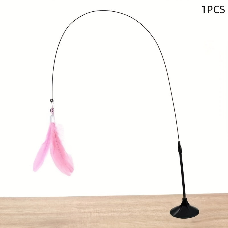 A Playful Cat Accessory Featuring Feathers, Designed with Both Artificial And Realistic Options, a Sturdy Long Stick with a Durable Wire, And a Suction Cup Base. It Operates Without Batteries And Is Perfect for Entertaining Small Dogs And Providing