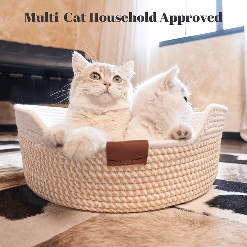 1pc White Rope-Woven Round Cat Nest with Comfortable Cushion, Soft And Breathable, Universal for All Seasons, Indoor Kitten Small Dog Pet Sleeping Bed