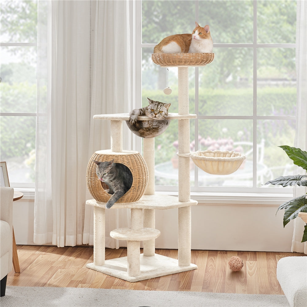 Costoffs 54in Cat Tree Multi-Level Rattan Cat Tower with Woven Condo, Soft Washable Cushion, Clear Bowl, Hanging Ball & Condo, Perfect Gift for Cats, Anti-Tipping, Luxury Cat House Toys, All-In-One Cat Furniture for Indoor Cats, Beige, Christmas Gift