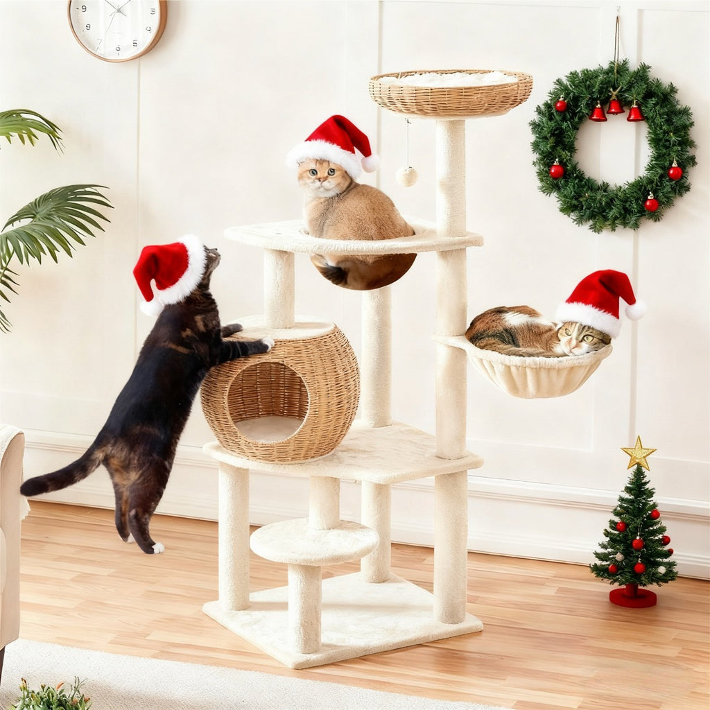 Costoffs 54in Cat Tree Multi-Level Rattan Cat Tower with Woven Condo, Soft Washable Cushion, Clear Bowl, Hanging Ball & Condo, Perfect Gift for Cats, Anti-Tipping, Luxury Cat House Toys, All-In-One Cat Furniture for Indoor Cats, Beige, Christmas Gift