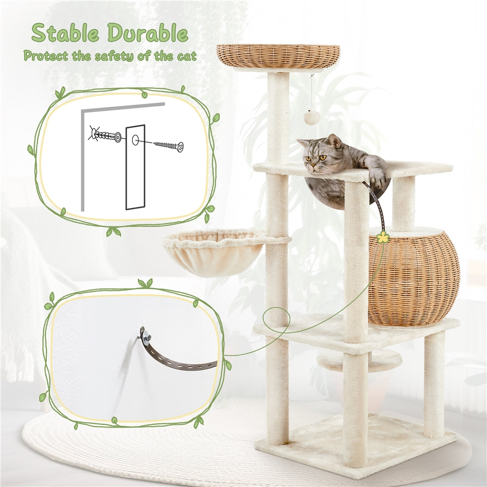Costoffs 54in Cat Tree Multi-Level Rattan Cat Tower with Woven Condo, Soft Washable Cushion, Clear Bowl, Hanging Ball & Condo, Perfect Gift for Cats, Anti-Tipping, Luxury Cat House Toys, All-In-One Cat Furniture for Indoor Cats, Beige, Christmas Gift