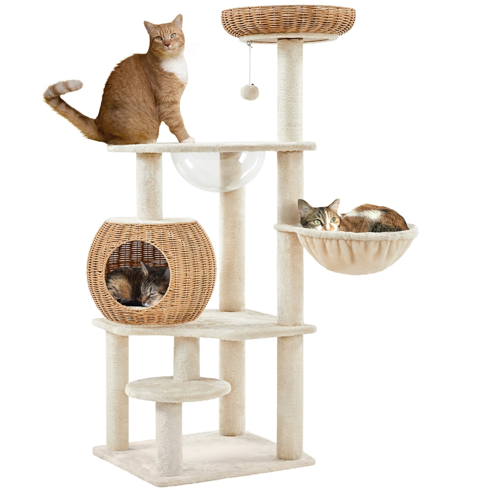 Costoffs 54in Cat Tree Multi-Level Rattan Cat Tower with Woven Condo, Soft Washable Cushion, Clear Bowl, Hanging Ball & Condo, Perfect Gift for Cats, Anti-Tipping, Luxury Cat House Toys, All-In-One Cat Furniture for Indoor Cats, Beige, Christmas Gift