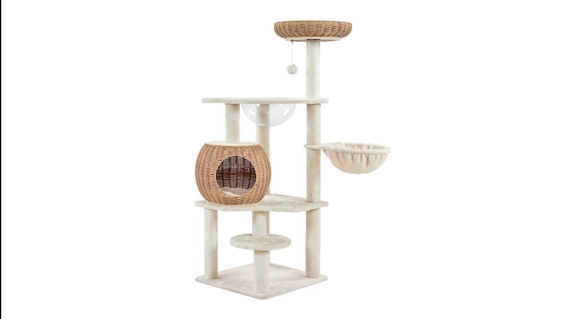 Costoffs 54in Cat Tree Multi-Level Rattan Cat Tower with Woven Condo, Soft Washable Cushion, Clear Bowl, Hanging Ball & Condo, Perfect Gift for Cats, Anti-Tipping, Luxury Cat House Toys, All-In-One Cat Furniture for Indoor Cats, Beige, Christmas Gift