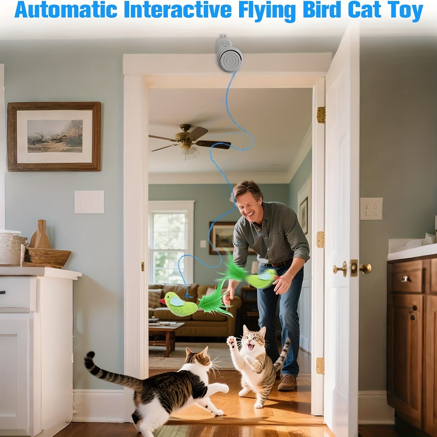 Automatic Electric Flying Bird Feather Cat Toys Suitable for Indoor Cats - - (No Listed) Flying Bird with Stick-On Hanging, Low Voltage for Kitten & Adult Cat Enrichment, Suitable for Breeds