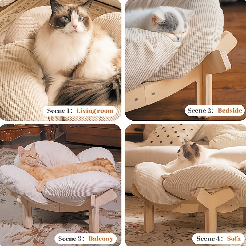 High-quality Elevated Cat Bed, Wooden with Cushion, Plush Pet Sofa, Indoor Raised Cat Lounge Chair Suitable for Small Dogs and Cats
