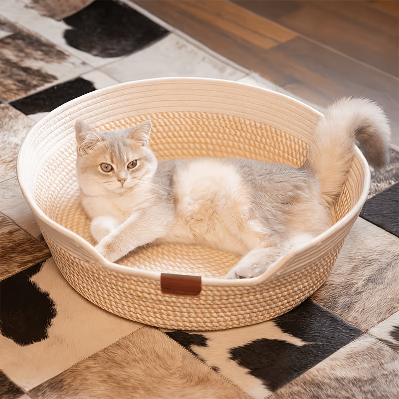 1pc White Rope-Woven Round Cat Nest with Comfortable Cushion, Soft And Breathable, Universal for All Seasons, Indoor Kitten Small Dog Pet Sleeping Bed