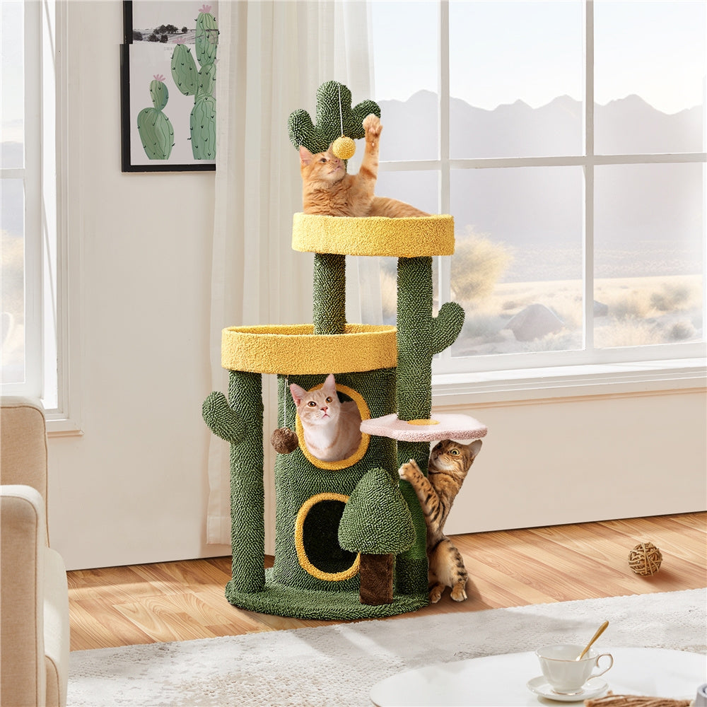 Costoffs 48.5in Cat Tree Oasis-Themed Fleece-Covered Cat Tree Tower, Cactus Cat Condo with 3 Perches\u002FScratching Posts\u002FToys, Cute Cat House Activity Center, Anti-tipping, Ideal Christmas Gift for Indoor Cat Kitty, Green & Yellow