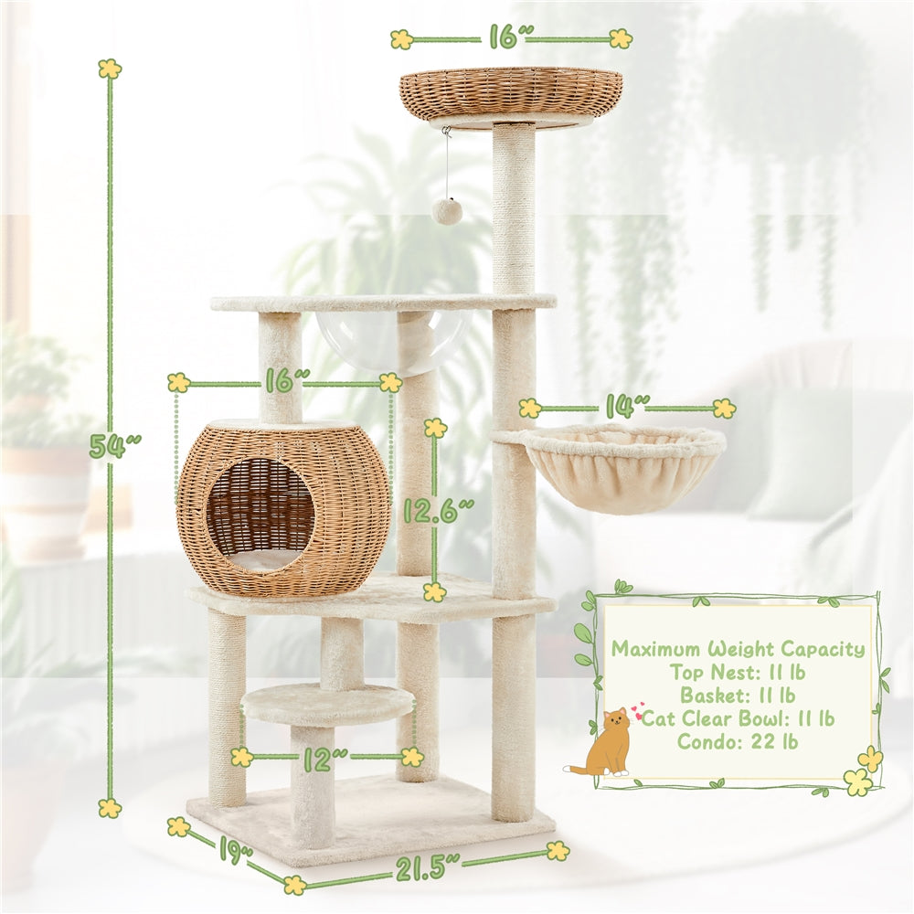 Costoffs 54in Cat Tree Multi-Level Rattan Cat Tower with Woven Condo, Soft Washable Cushion, Clear Bowl, Hanging Ball & Condo, Perfect Gift for Cats, Anti-Tipping, Luxury Cat House Toys, All-In-One Cat Furniture for Indoor Cats, Beige, Christmas Gift
