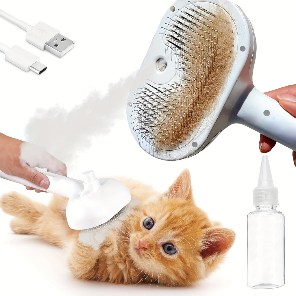 1pc Pet Spray De-Shedding Brush, 3-In-1 Steam Pet Brush, One-Button Self-Cleaning De-Shedding Brush for Cats And Dogs, Anti-Static Pet Grooming Brush, Stainless Steel Pin Brush, USB Rechargeable