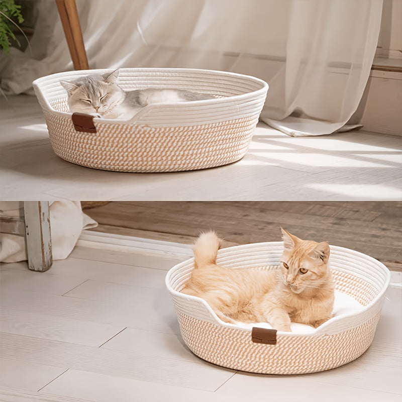 1pc White Rope-Woven Round Cat Nest with Comfortable Cushion, Soft And Breathable, Universal for All Seasons, Indoor Kitten Small Dog Pet Sleeping Bed