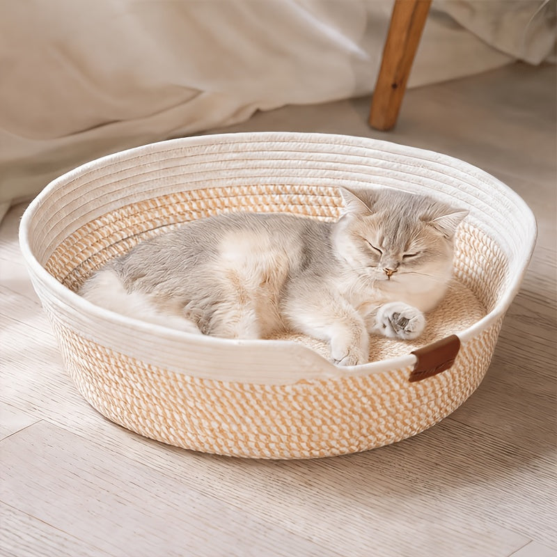 1pc White Rope-Woven Round Cat Nest with Comfortable Cushion, Soft And Breathable, Universal for All Seasons, Indoor Kitten Small Dog Pet Sleeping Bed