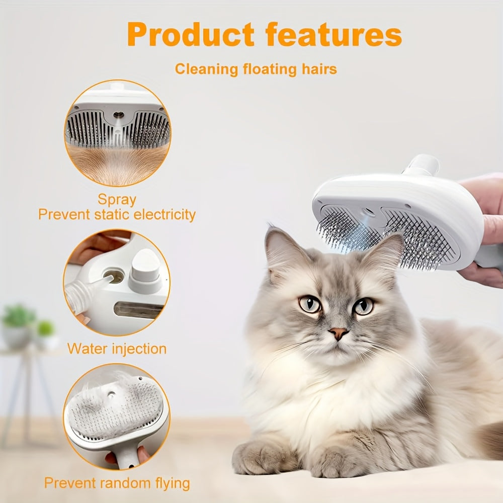 1pc Pet Spray De-Shedding Brush, 3-In-1 Steam Pet Brush, One-Button Self-Cleaning De-Shedding Brush for Cats And Dogs, Anti-Static Pet Grooming Brush, Stainless Steel Pin Brush, USB Rechargeable