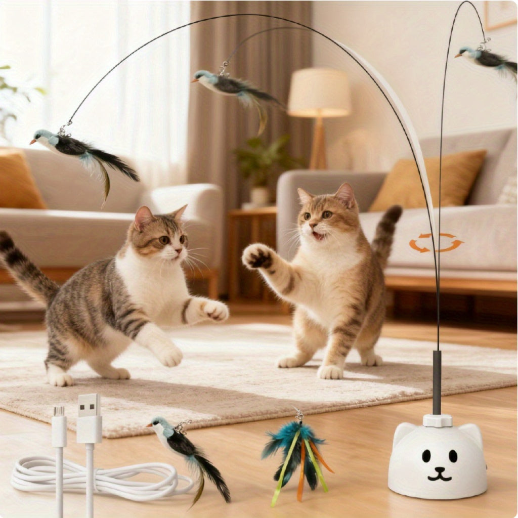 360° Swivel Interactive Cat Toys (Realistic Bird + Bell) with Secure Adhesive Base, Great Best Kitten & Adult Cat Enrichment Toy Stick-on Hanging Electric Kitty Toys for Bored Cats