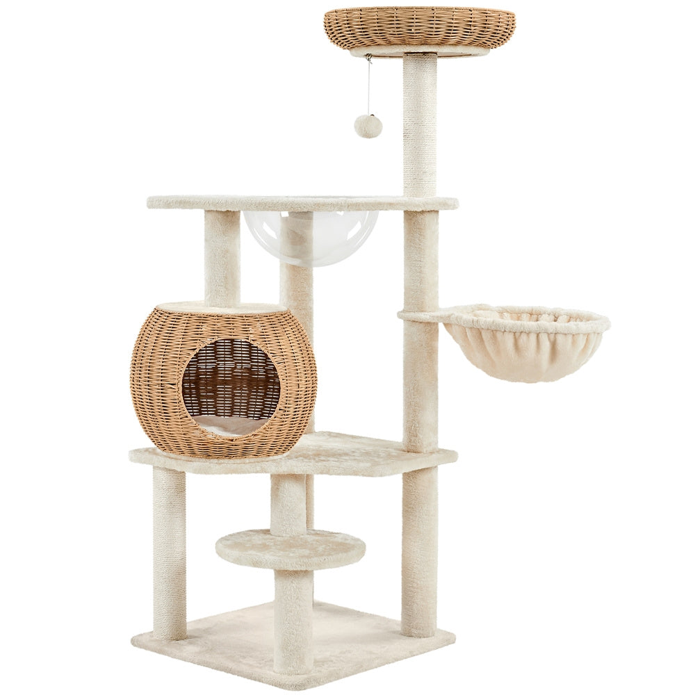 Costoffs 54in Cat Tree Multi-Level Rattan Cat Tower with Woven Condo, Soft Washable Cushion, Clear Bowl, Hanging Ball & Condo, Perfect Gift for Cats, Anti-Tipping, Luxury Cat House Toys, All-In-One Cat Furniture for Indoor Cats, Beige, Christmas Gift